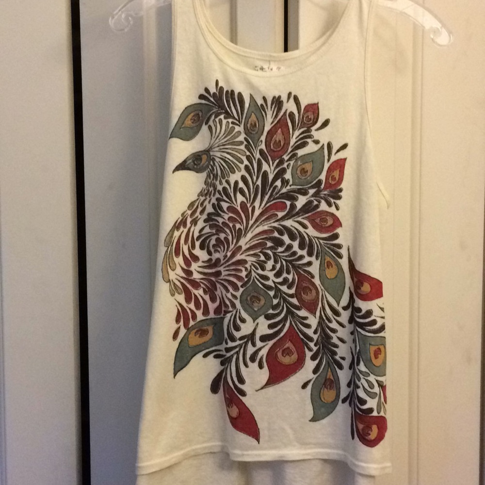 Flowy cream & multicolor cotton-poly peacock tank